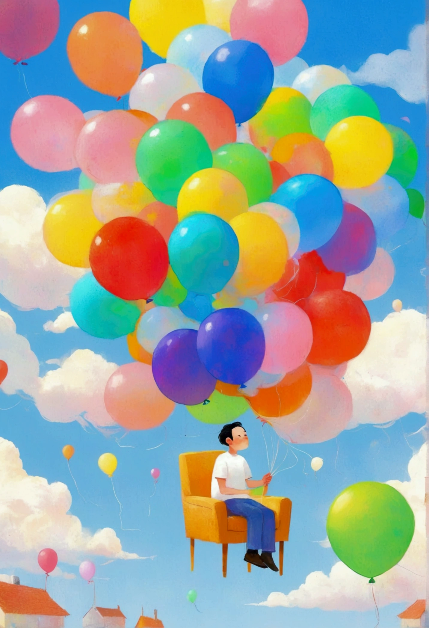 there is a drawing of a man sitting on a chair holding ballons, Li Yinmeng&#39;s Minimalisme, pixels, art conceptuel, ballon, auteur：Rainer Hosch, ballons, man holding a ballon, Illustration minimaliste, Flottant dans les airs, illustrations simples, Flottant dans les airs, flottant dans le ciel, illustration&&quot;;, ballon, style de dessin animé simple