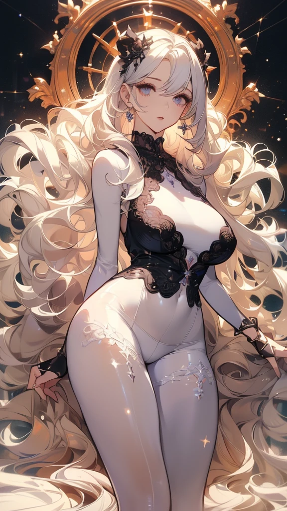 ((masterpiece, best quality)), Delicate face，JK style，Full body painting，Perfect body proportions，Large Breasts，Long legs，((Long wavy hair)), ((Half of her hair is white，The other half is black，Available in two colors))，beautiful eyes，Fantasy style，Extremely beautiful，transparent，_underwear，Lace，Pantyhose