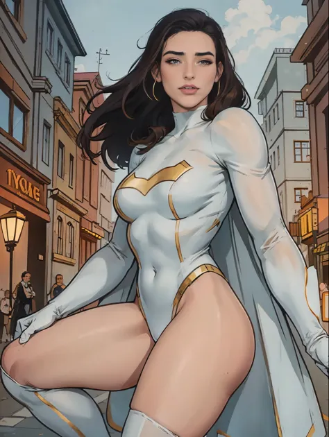 gorgeous and sultry busty athletic (thin) brunette with sharp facial features wearing a white and gold superhero leotard, cape, ...