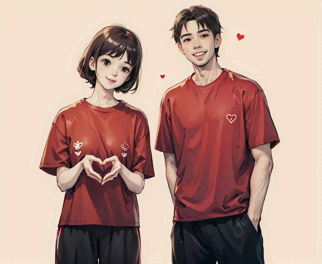 Cute couple in love, wearing red t-shirts, gesturing heart symbols with their hands and smiling happily, cartoon style simple lines and flat illustrations, high definition and high resolution full body portrait on beige background. The couple is wearing red t-shirt with cartoon character design style, full of Chinese New Year atmosphere.
