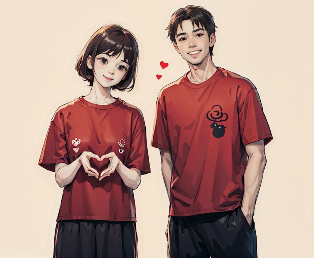 Cute couple in love, wearing red t-shirts, gesturing heart symbols with their hands and smiling happily, cartoon style simple lines and flat illustrations, high definition and high resolution full body portrait on beige background. The couple is wearing red t-shirt with cartoon character design style, full of Chinese New Year atmosphere.
