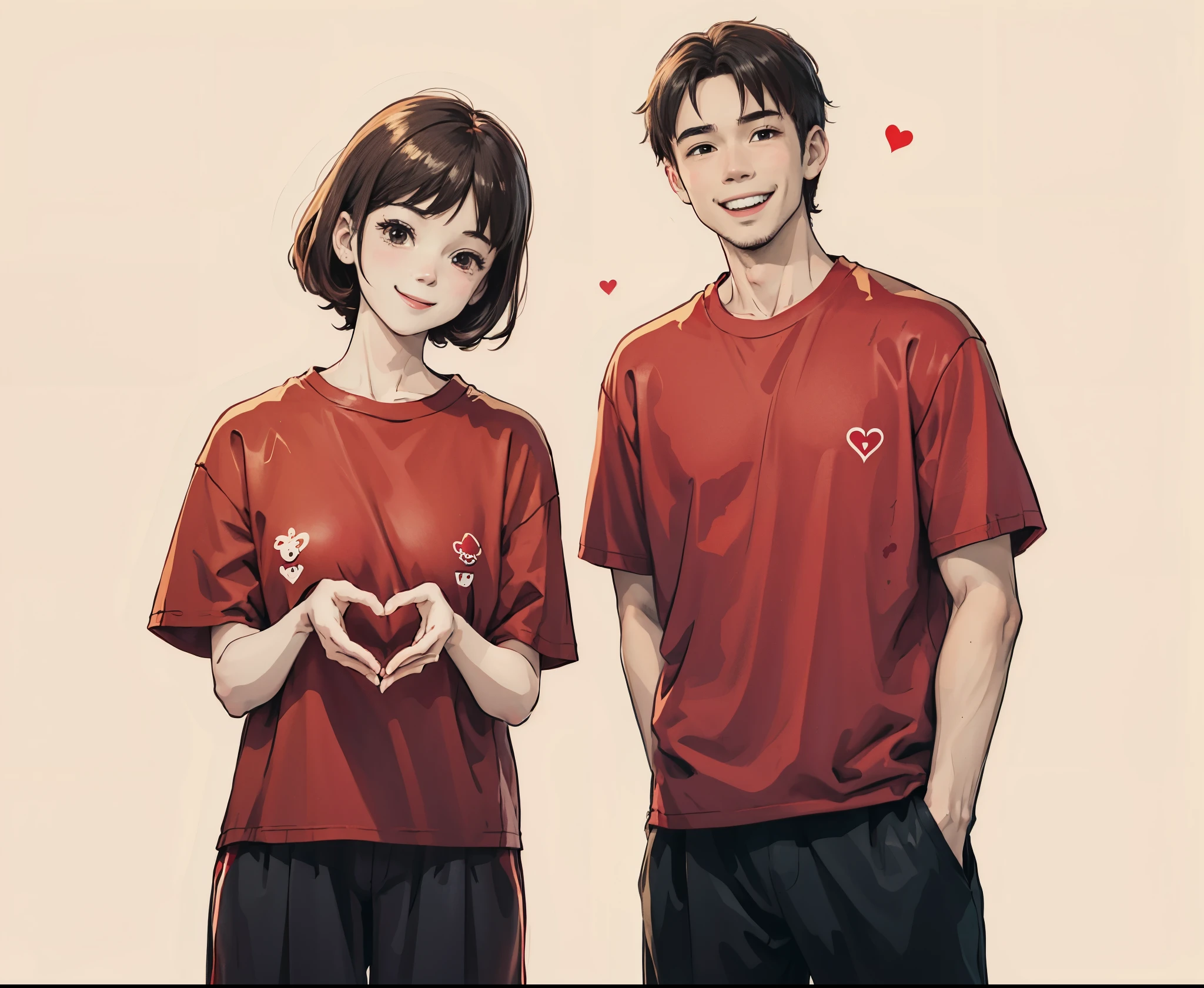 Cute couple in love, wearing red t-shirts, gesturing heart symbols with their hands and smiling happily, cartoon style simple lines and flat illustrations, high definition and high resolution full body portrait on beige background. The couple is wearing red t-shirt with cartoon character design style, full of Chinese New Year atmosphere.
