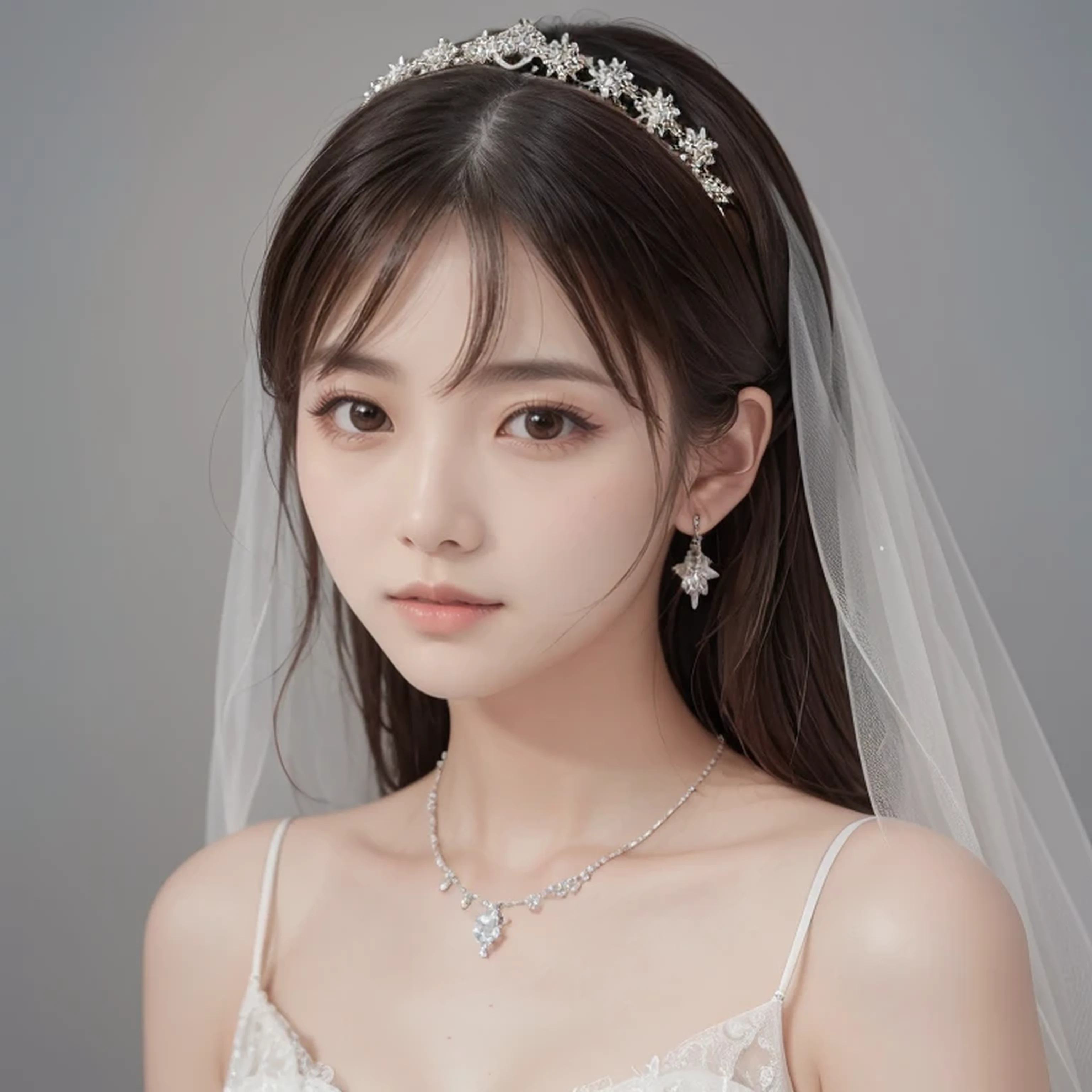 (Highest quality、Tabletop、8k、Best image quality、Award-winning works)、One beautiful bride、(alone:1.1)、(The most extravagant and gorgeous huge pure white wedding dress:1.1)、(Perfect Wedding Lace:1.2)、(The most gorgeous and luxurious giant tiara:1.1)、(The most extravagant and luxurious giant necklace:1.1)、The finest jewellery decoration、Perfect Makeup、Long eyelashes、Ultra HD Shining Eyes、Ultra HD Hair、Ultra High Resolution Glossy Lips、Beautiful face in ultra-high definition、(Accurate anatomy:1.1)、Very bright and beautiful skin、very bright and vivid、Perfect beautiful bridal hairstyles、(Front facing body:1.1)、(The simplest solid color background:1.2)、(cold, Expressionless:1.5)