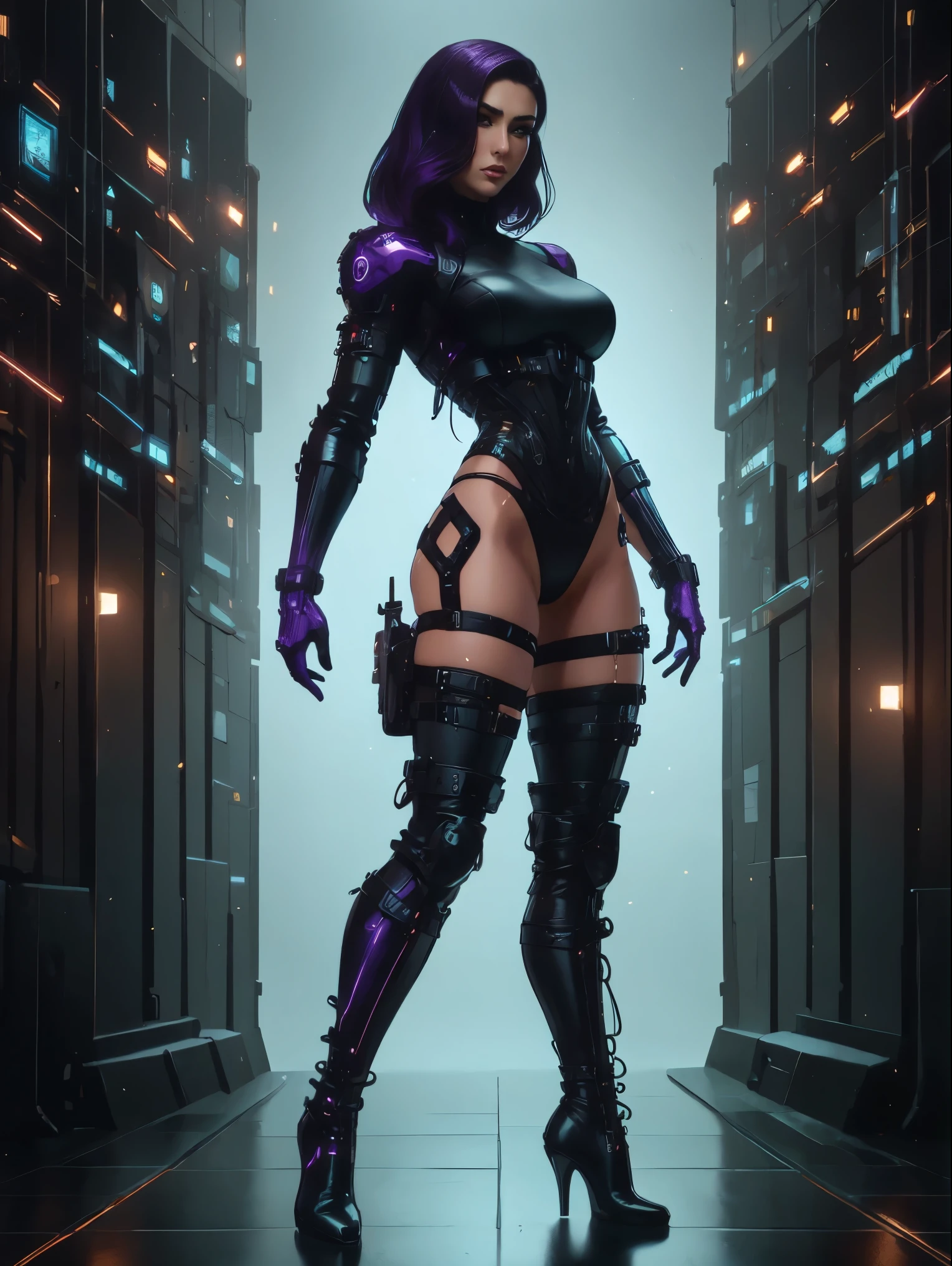 Gorgeous and sultry busty athletic (thin) brunette cyborg assassin with sharp facial features wearing a black and purple leotard, artificial muscle fibers, gloves, thigh-high boots. Standing, city street.