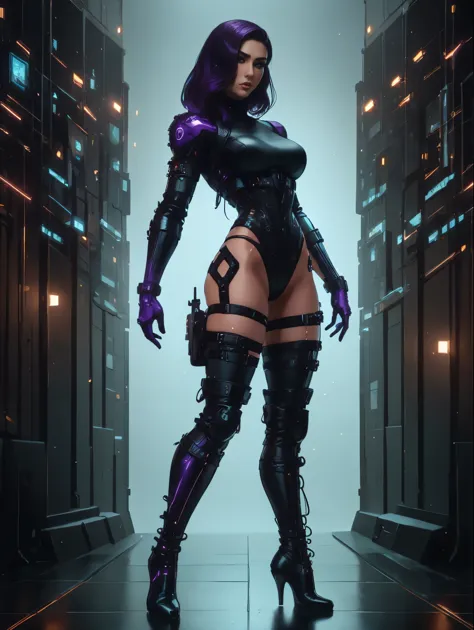 Gorgeous and sultry busty athletic (thin) brunette cyborg assassin with sharp facial features wearing a black and purple leotard...