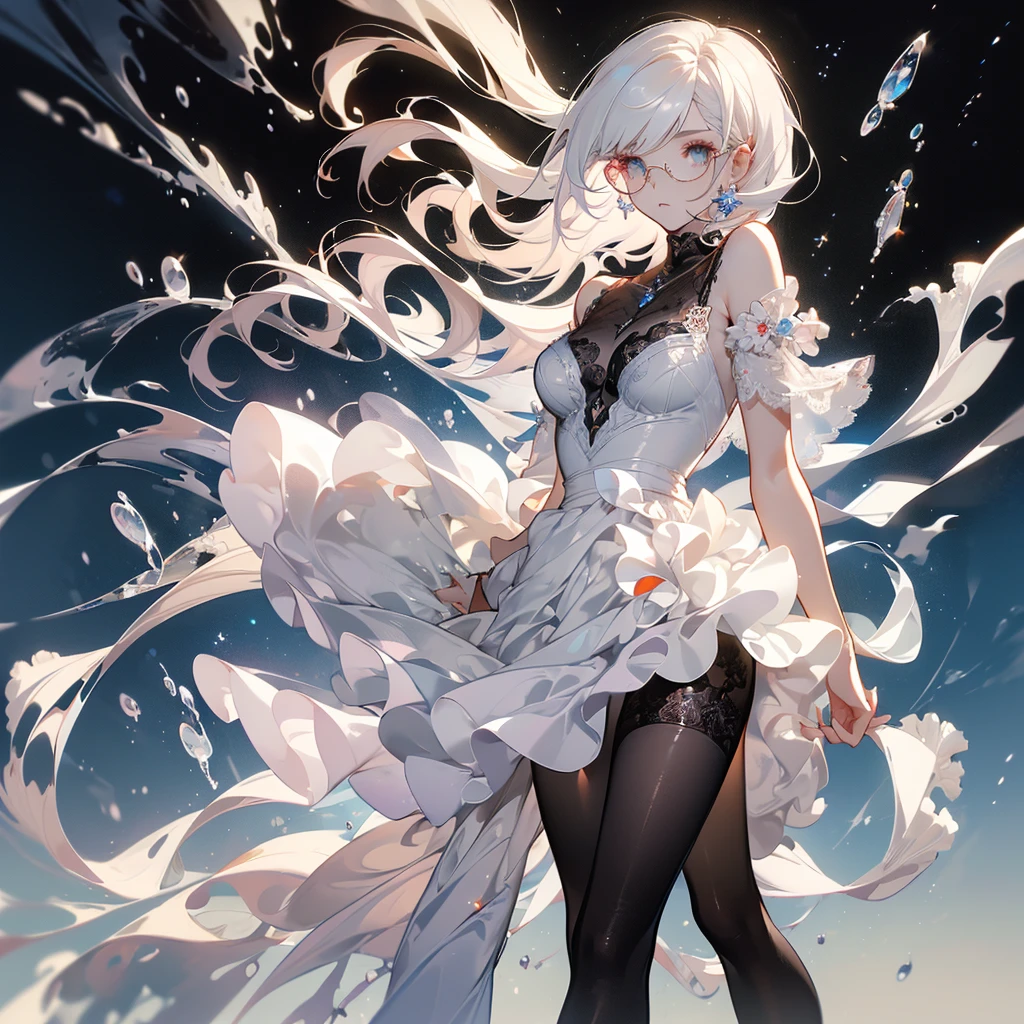 ((masterpiece, best quality)), Delicate face，JK style，Full body painting，Perfect body proportions，Long legs，Handsome short hair，((Half of her hair is white，The other half is black，Available in two colors))，beautiful eyes，Fantasy style，Extremely beautiful，transparent，_underwear，Lace，Pantyhose，Glasses