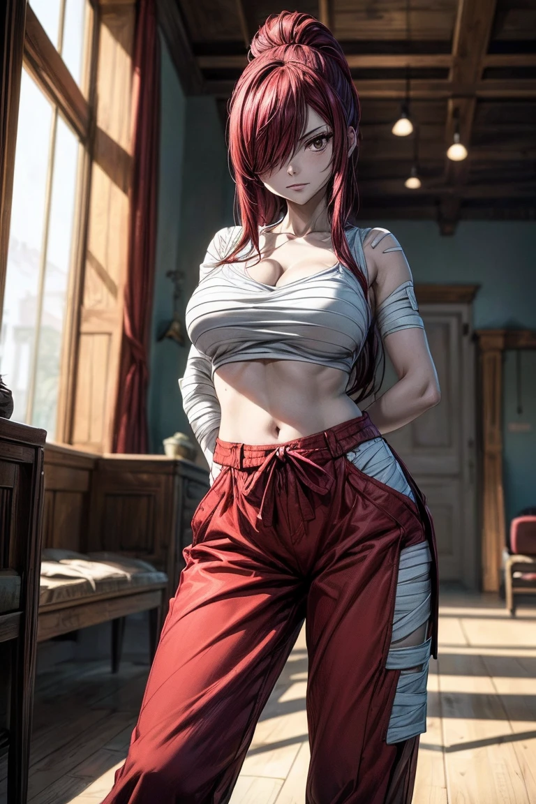 masterpiece, best quality, highres, Erza Scarlet, red hair, long hair, ponytail, white ribbon, hair over one eye, collarbone, ((brown eyes)), fairy tail, ((solo, chest sarashi, bandage, bare arms, midriff, red hakama, red pants, ,)), has a model style, oppai, complete cosplay, Ultra HD Quality , ((sharp face)), official art, beautiful, mature, 30 years old, evil smile, cleavage, big round breasts, perfect body, ((Ultra HD Quality Wallpapers, HD images, 16k Quality Wallpapers)), 1 woman, solo, woman, ((1 woman:1.5), (1 woman), ((solo)), ((one woman)), ((1 woman)), eye detail, detail art, ((standing)), half body, (model pose:1.5), ((half Body)), ((at indoor:1.5)), (room:1.5), (pose:1.5), Very detailed and high resolution Erza Scarlet masterpiece, beautiful in dynamic action. Add emphasis to the intricate details of the themed naughty and the lewd expression on her face. Set the scene at inroom, with a indoor as a backdrop. Use rich colors and volumetric light to create a sense of subtle beauty and nasty, holding katana, katana, one katana, 1 katana