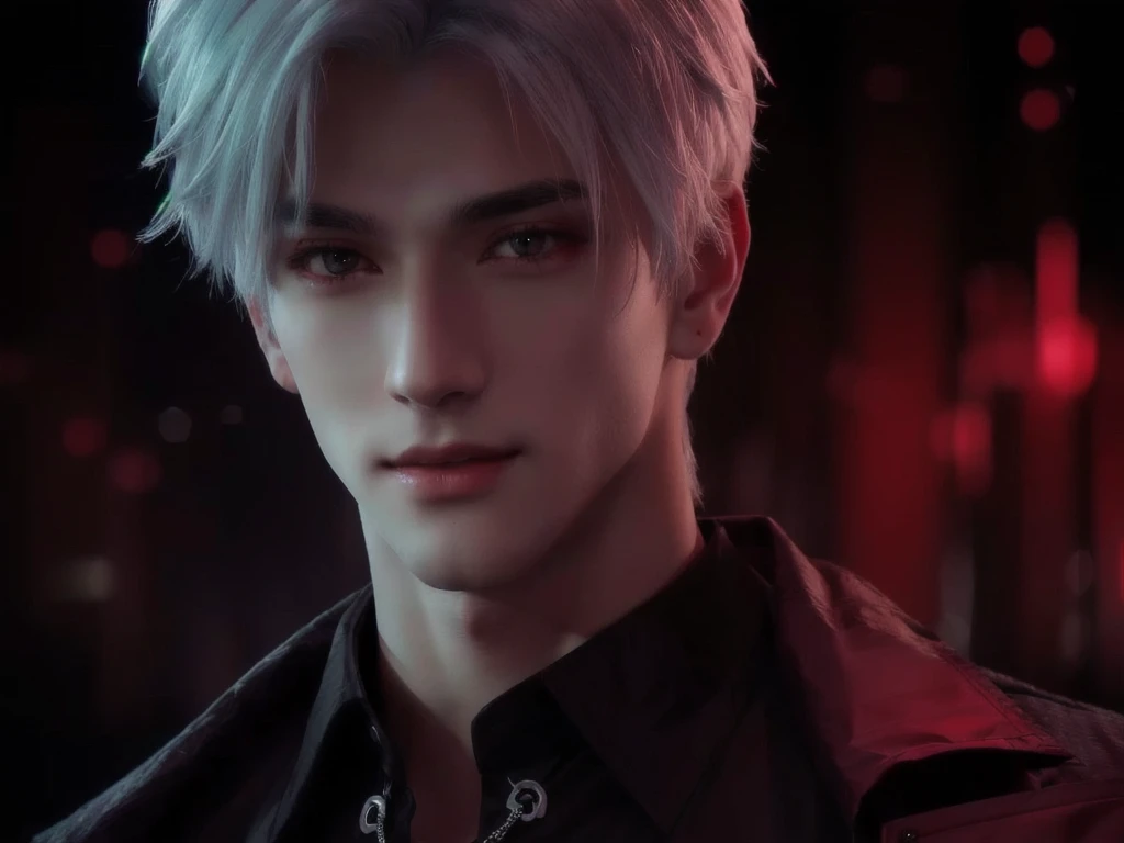 a close up of a person with a white hair and a black shirt, Sylus from love and deepspace, have a Sly grin, handsome, cold, red eyes*