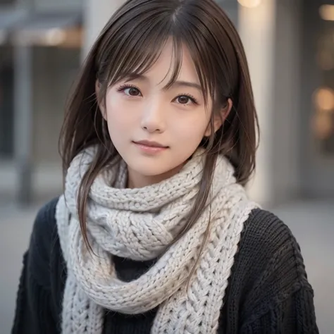 1 japanese girl,(black sweater:1.4),(she has a knitted snood around her neck to cover her chin.:1.5), (raw photos, highest quali...