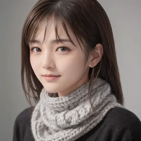 1 japanese girl,(black sweater:1.4),(she has a knitted snood around her neck to cover her chin.:1.5), (raw photos, highest quali...