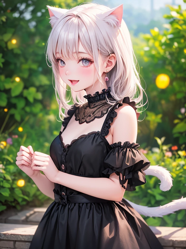 (masterpiece),(Highest quality:1.2),(Perfect Anatomy),1 girl,((alone)), (Cat ear:1.3),Exquisite detail,Vibrant colors, Soft tones, Warm and gentle lighting,(Black dress, Beautiful frills:1.2),Beautiful attention to detail,White Hair,Small breasts,(White Tail),(Look at me sideways),(From the side),Open your mouth,smile,The atmosphere is full of happiness and laughter,Combination of digital illustration and photography,Soft pastel tones,Creates a dreamy and fantastical atmosphere,Written boundary depth, Bokeh,Cinema Lighting,Idyllic Scenery