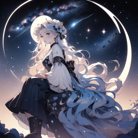 sitting on the crescent moon、star fairy、(masterpiece, best quality), 1girl, sitting on the crescent moon、「beautifully printed mi...