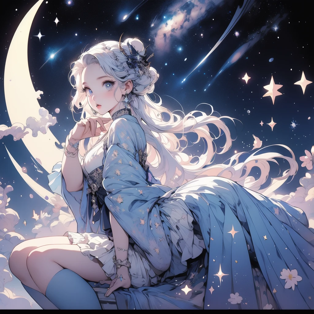 sitting on the crescent moon、Star Fairy、(masterpiece, best quality), 1girl, sitting on the crescent moon、「Beautifully printed Milky Way-style kimono and gothic lolita clothing.、Universe pattern box pleated mini skirt with ruffles、Front view portrait、Knee-high boots、enchanting eyes、Perfect and stunning face、exquisite details、clear image、highest quality。」Milky white and light blue long straight hair、universe、Milky Way、meteors、