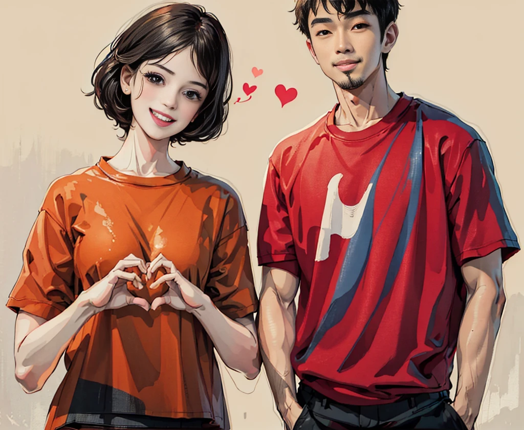 A cute girl wearing a red T-shirt and black short hair, smiling happily with her hands making heart symbols next to an Asian man in casual attire holding his hand on his chest. The illustration is in the style of Korean digital art, with a solid color background, high resolution, high detail, and best quality. It is a digital painting masterpiece with sharp focus, high dynamic range, bright colors, high contrast, and a close-up, centered composition.