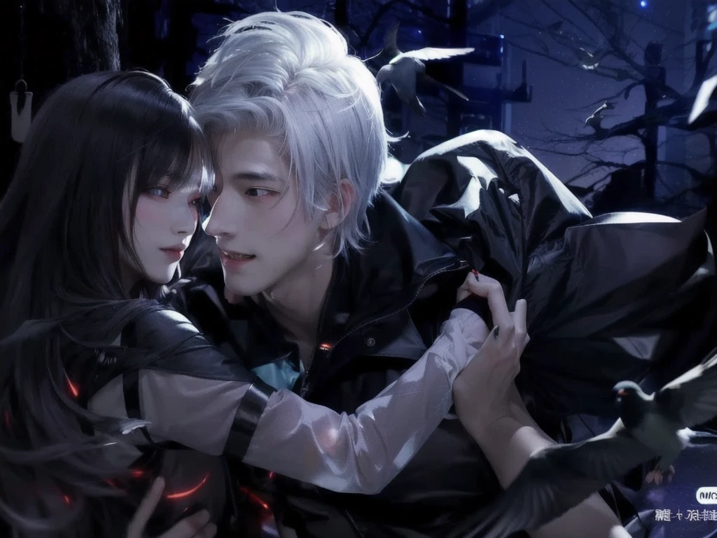 anime couple hugging in the dark with a bird flying overhead, sylus from love and deepspace, he's had a red eyes, white hair