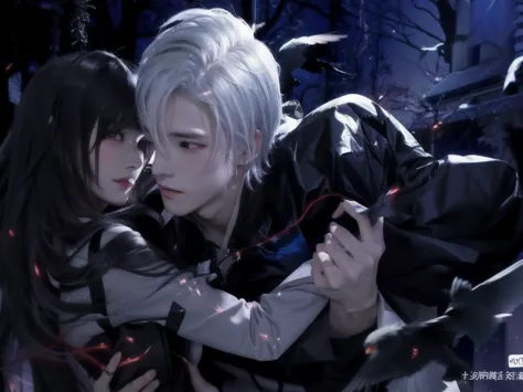 anime couple hugging in the dark with a bird flying overhead, sylus from love and deepspace, he's had a red eyes, white hair