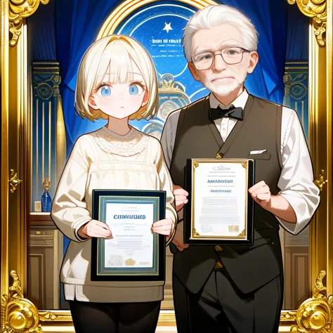 A white-haired old man and an 8-year-old blonde beauty are holding a framed award certificate on a stage and looking in the dire...