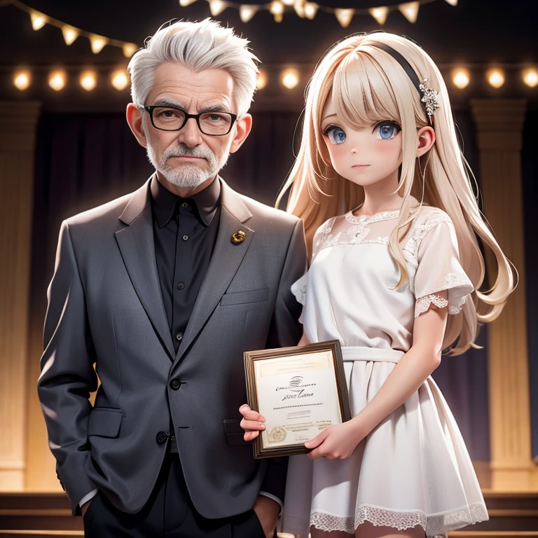 A white-haired old man and an 8-year-old blonde beauty are holding a framed award certificate on a stage and looking in the direction of the camera. Award ceremony, a banner with the word "Congratulations" written on it, camera flashes