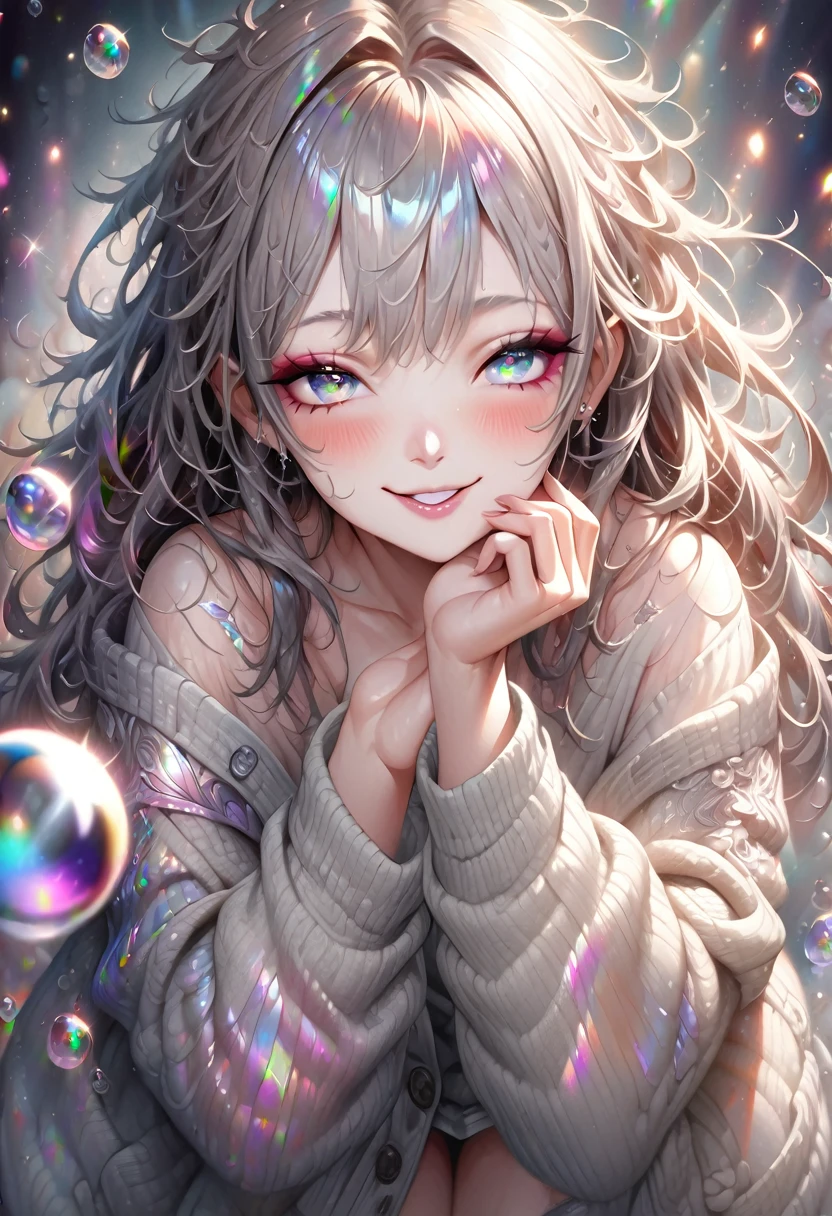 cute woman, amorous and lewd face, the best smiling, beautiful eyes, make-up, messy hair, great proportion, loose size cardigan, (ultra detailed, absolutely resolution, best quality:1.3), 2.5D, delicate and dynamic, shading effects, hyper realistic, artistic photography, glitter effects, foggy effects, iridescent soap bubble effects, graphic CG digital art