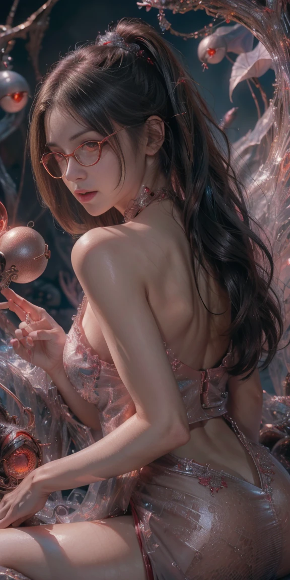 (The best illustrations)、realisitic、ultra-detailliert、The best lighting、Best Shadows、alluring succubus, ethereal beauty, perched on a cloud, (fantasy illustration:1.3), enchanting gaze, captivating pose, delicate wings, otherworldly charm, mystical sky, (Luis Royo:1.2), (Yoshitaka Amano:1.1), Dungeon and Dragon、caves、Dungeon、 A Necromancer、natta、Dark style、Succubus、Devil's Daughter、Bat Wings，(((Demon Hornlack-rimmed round glasses))))、(red eyes glowing:1.6)、​beautiful countenance、Tindall Effect、(High Detail Skins:1.2) absurderes、Ponytail distortion、jewely、Beautiful expression、Toned waist、Wide buttocks、Tindall Effectmasuter piece、top-quality、Highest Standards、Top image quality、masutepiece、intricate detailes、High resolution、Depth Field、natural soft light、profetional lighting、Great smile、(High Detail Skin: 1.2)、photorealistic anime girl render、Strong highlights of the eyes、Perfect Anatomy、crotch open、Shy、Spreading your legs、Panties are visible、Skirt flipping、Body shiny with oilerectile nipple))、8K resolution、intricate clothing、Intricate details、Panties visible through the skirt、Panties in full view、Small panties, pink nipple, pink pussy