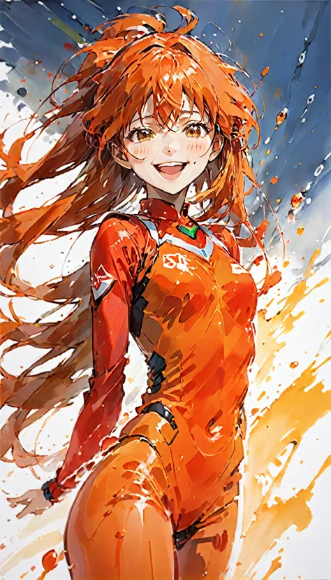 portrait of soryu asuka langley, big smile, orange and red palette, a splash of emotion,