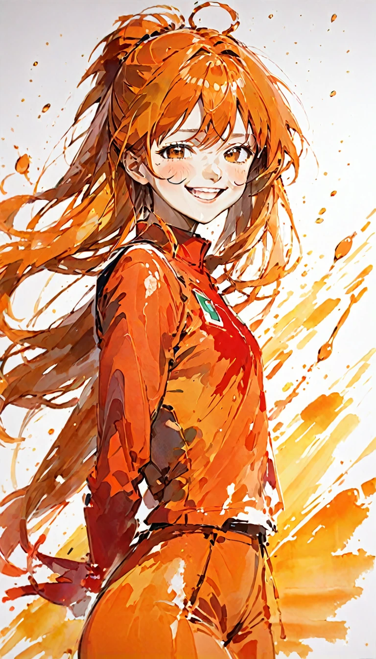 Portrait of Soryu Asuka Langley, Big smile, Orange and red palette, A splash of emotion, 