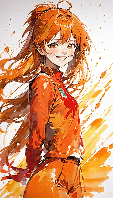 portrait of soryu asuka langley, big smile, orange and red palette, a splash of emotion,