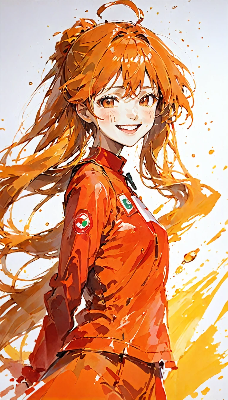 Portrait of Soryu Asuka Langley, Big smile, Orange and red palette, A splash of emotion, 