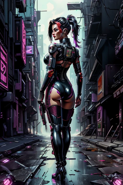 (vue arrière),((illustration ultra réaliste:1.2)),(cyberpunk:1.4),(science-fiction sombre:1.3). Femme japonaise sexy, avec de longs cheveux noirs, rouge à lèvres, porter une combinaison en cuir, filets de pêche, veste, cuissardes. Rebelle. Mégapole dystopique, graveleux, néon, Enfer, NOYAU BLINDÉ, Technologie de combat. Mission avant. chef-d&#39;œuvre, (très détaillé:1.2),(Visage et yeux détaillés:1.2), Fond d&#39;écran 8k, éclairage naturel. ombres centrales, Contraste élevé, bokeh.