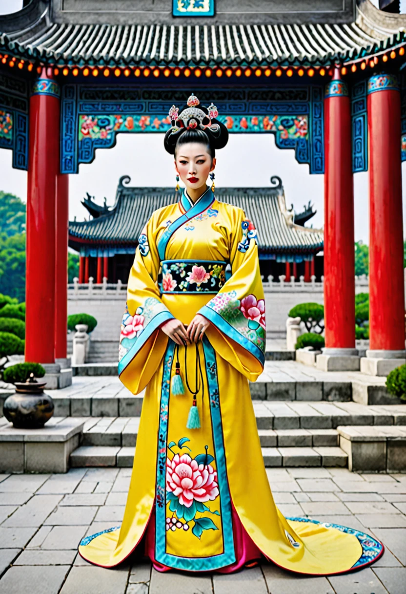 The Empress is standing with her large breasts, her hair is tied up and pulled up, and her lower abdomen is decorated with gorgeous flowers.、A perverted, erotic woman wearing the crown of a Qing Dynasty empress. The background is the stone paving of a Chinese palace during the Qing Dynasty.