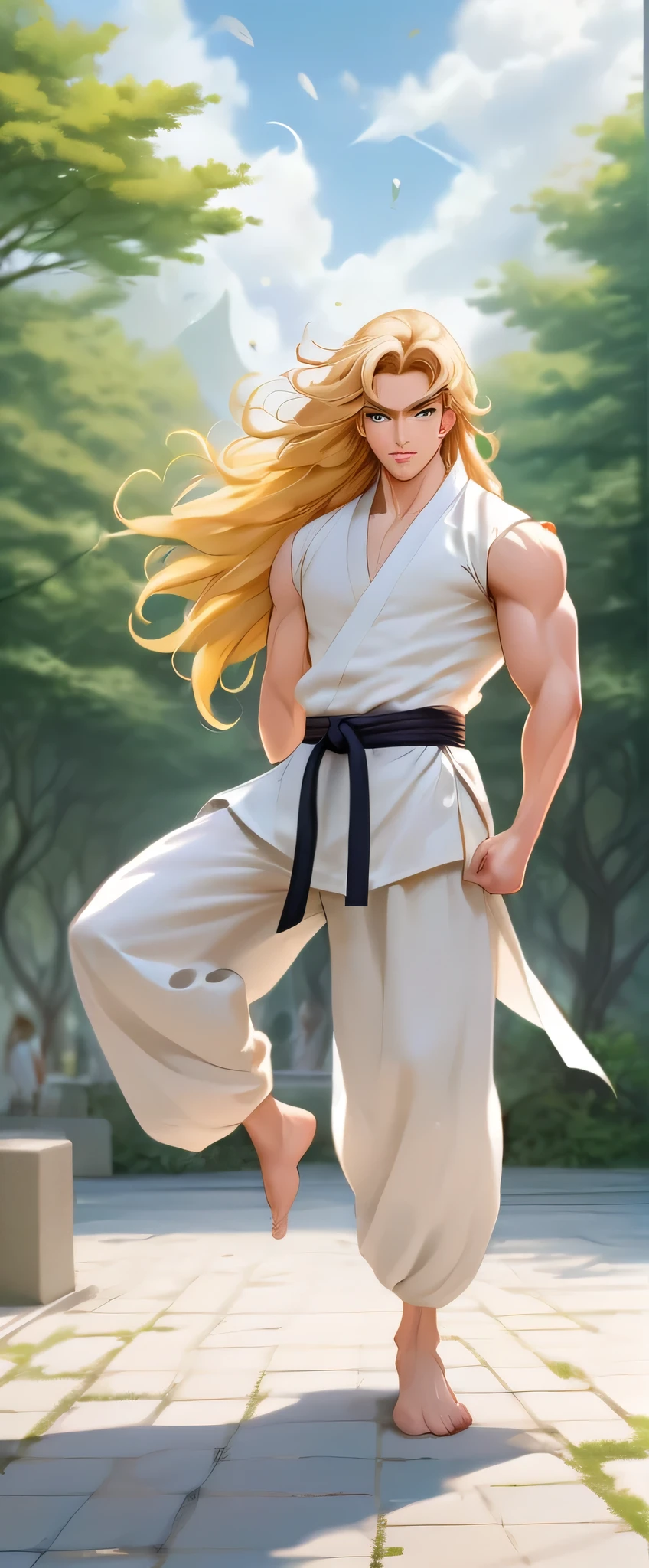 Personaje de anime masculino de pie en un parque en la naturaleza: En el corazón de una calma, ambiente basado en blanco、Un joven y animado hombre de dibujos animados parado en una pose impresionante、Su fuerza se irradia a través de las líneas y contornos de su forma muscular..。Largo cabello dorado ondeando al viento、Enmarca una mandíbula cuadrada y pómulos altos..。El boceto del diseño.、En alusión a los intrincados detalles de sus personajes originales.、Enfatiza poses aleatorias que evocan una sensación de fluidez y fuerza..。 Vestido con un traje que combina la estética de los artistas marciales modernos y los entusiastas del parkour.。Con un impresionante telón de fondo natural