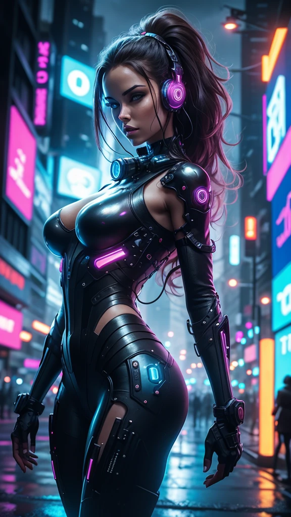 women, futurist, cyber punk, Whole body, headphones, city with neon lights, cinematic.