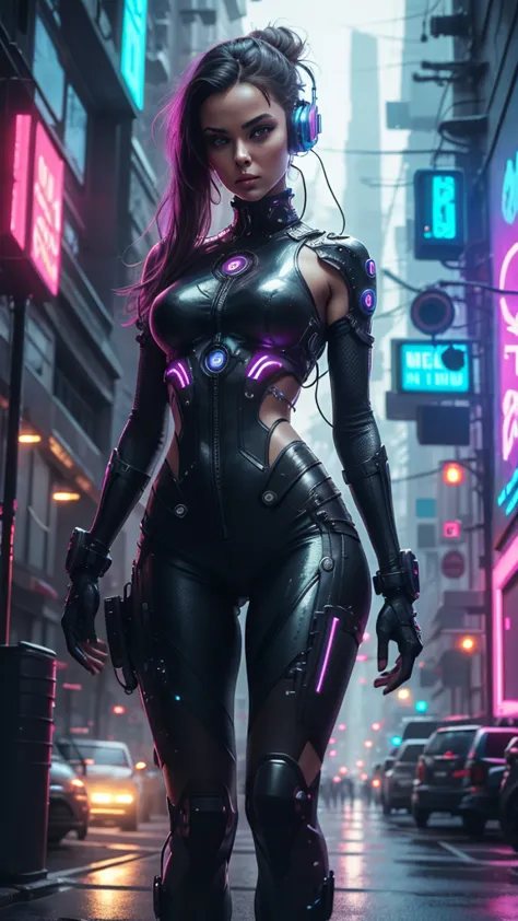 women, futurist, cyber punk, Whole body, headphones, city with neon lights, cinematic.