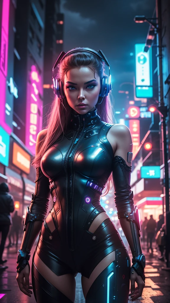 women, futurist, cyber punk, Whole body, headphones, city with neon lights, cinematic.