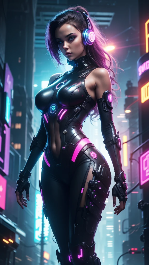 women, futurist, cyber punk, Whole body, headphones, city with neon lights, cinematic.