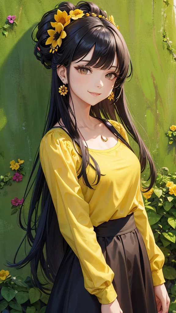 woman with yellow shirt and Black 花 in hair in front of green 花 wall, 1人の女の子, 一人で, 花, ジュエリー, 髪飾り, イヤリング, hair 花, 赤い爪, 笑顔, 長い髪