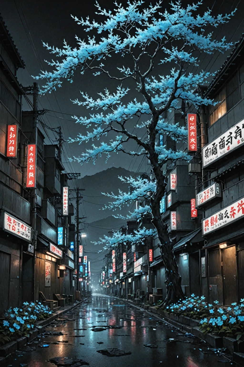 masterpiece, Professional artwork, Famous works of art, Cinema Lighting, Cinematic Flowers, Excessive cruelty, Neon dusty brown shine, Charcoal Gray Flowers,  Ice Blue Tree々,(Japanese cities), Vast Darkness ,  Breathtaking landscapes,  