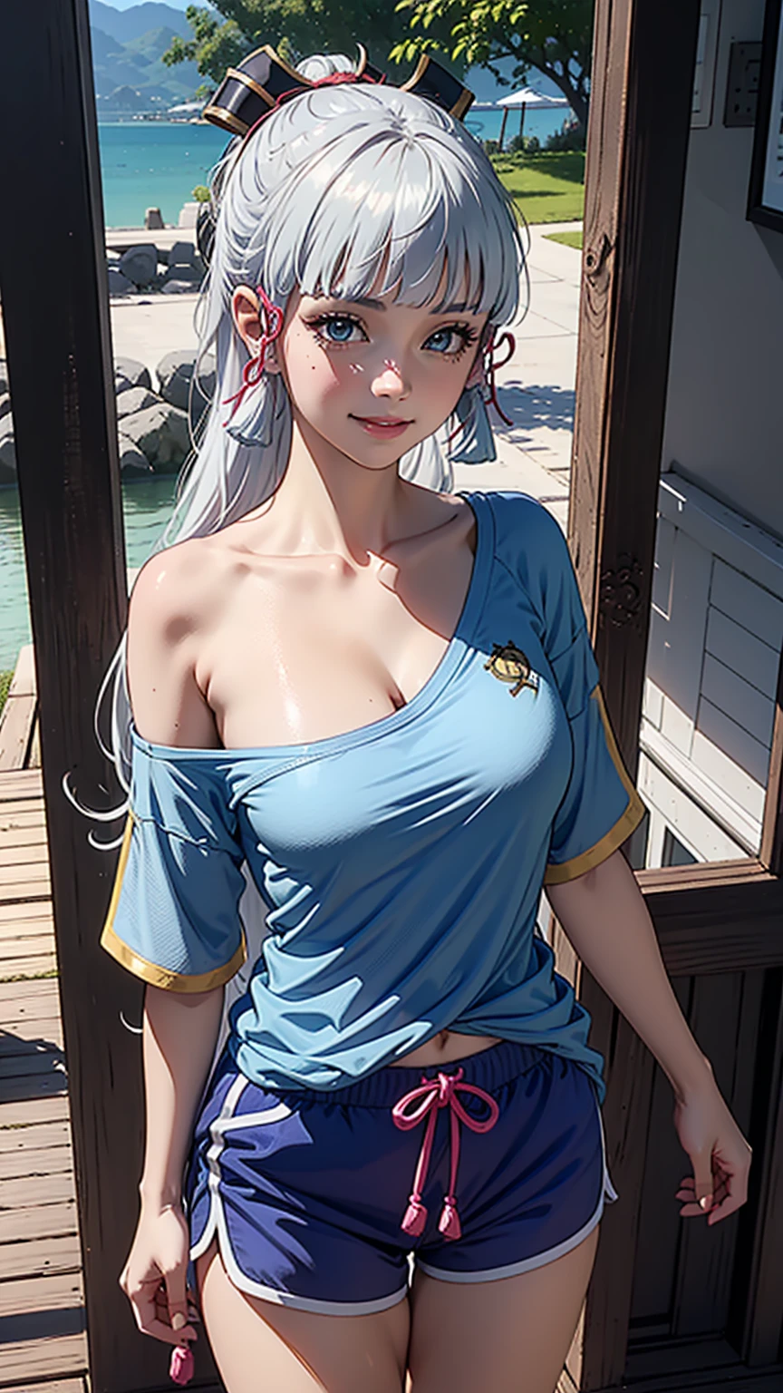 (Girl),(kamisatoayakarnd),masterpiece,large breast, outdoors, looking at viewer, detail eyes, detail face, standing, smile, (front view:1.3), dolphin shorts, Single Bare Shoulder shirts, upper body shot,(detailed face), (cleavage), white shirts,