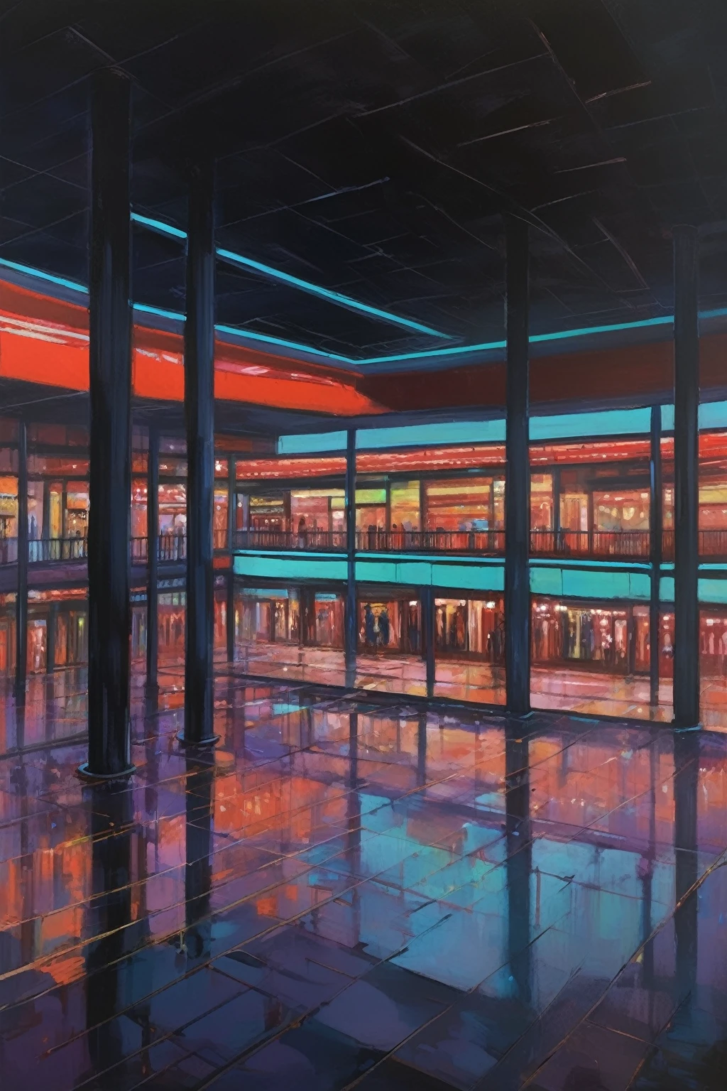 A strange painting of an empty shopping mall at night. The stores are closed, and the only light comes from flickering neon signs, casting eerie shadows on the floor.