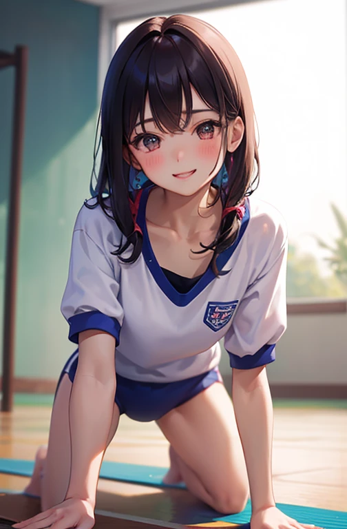 (masterpiece, Highest quality), One girl, Close-up face, (from the front:1.2), (On all fours on the floor:1.2), (Looking down:1.2), Break Girl, casual,Gym suit、School gym、 (good:1.2), Chest gap, Medium chest, Saggy breasts, Down blouse,、Leaning forward、Random hair color、 ８hair, Highest quality, masterpiece, Very detailed、、、Young Face、、Fuller lips、、、blush、lipstick、Medium chest、Perfect hands、Fine hand,、smile、smile、Gymnastics Matの上、Gymnastics Mat、Gym suit