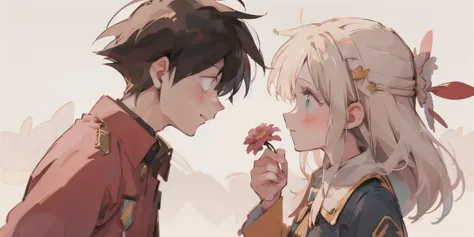 profile, one shy girl with emerald green eyes and long white hair, a boy with dark hair giving flowers to his girlfriend, look a...