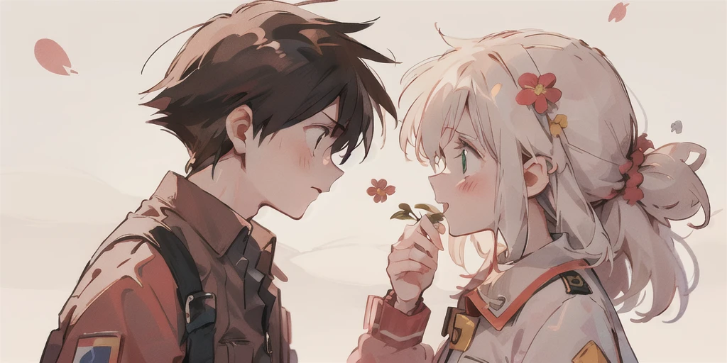 profile, One shy girl with emerald green eyes and long white hair, A boy with dark hair giving flowers to his girlfriend, Look at others, making eye contact, shirt, collared shirt