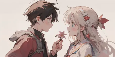 profile, one shy girl with emerald green eyes and long white hair, a boy with dark hair giving flowers to his girlfriend, look a...