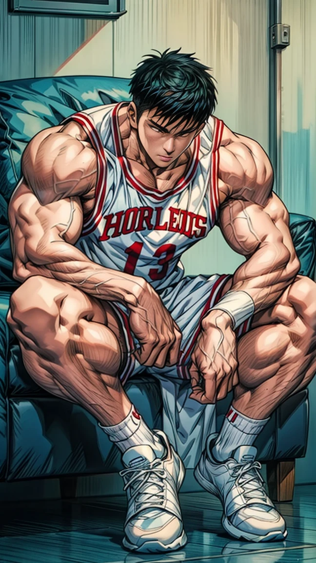 Wearing basketball uniform，Sitting on the pure white sofa，Lean back on the backrest，，sleep，Wearing white socks，Broad shoulders ,Very strong, muscular，Men, Muscle Man，Clean face，full-body shot，Shoes, clothes and towels piled up at my feet