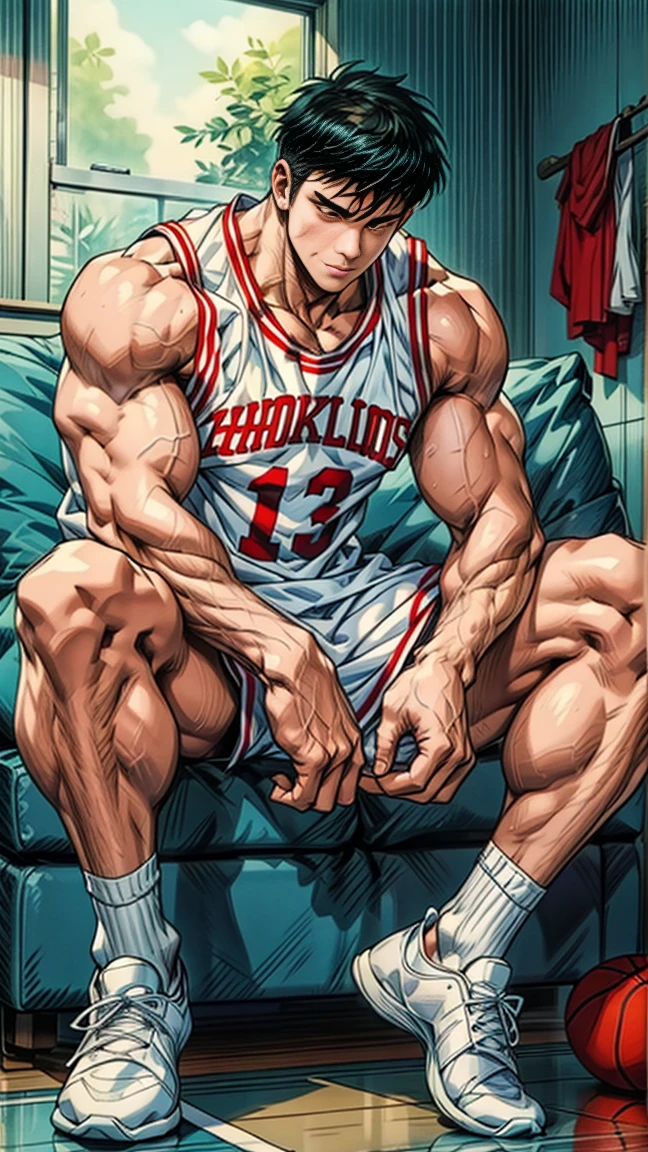 Wearing basketball uniform，Sitting on the pure white sofa，Lean back on the backrest，，sleep，Wearing white socks，Broad shoulders ,Very strong, muscular，Men, Muscle Man，Clean face，full-body shot，Shoes, clothes and towels piled up at my feet