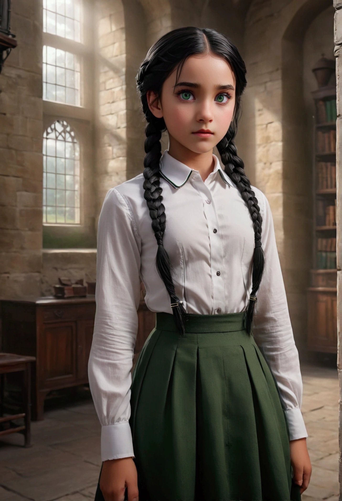 a cute girl  , daughter of severus snape , black hair braided , 11  year old , in a white collared shirt and long skirt, modest expression, short black hair, green eyes, castle hogwarts background, (best quality,4k,8k,highres,masterpiece:1.2),ultra-detailed,(realistic,photorealistic,photo-realistic:1.37),detailed eyes, detailed lips, extremely detailed face, long eyelashes, natural lighting, cinematic, warm color tones