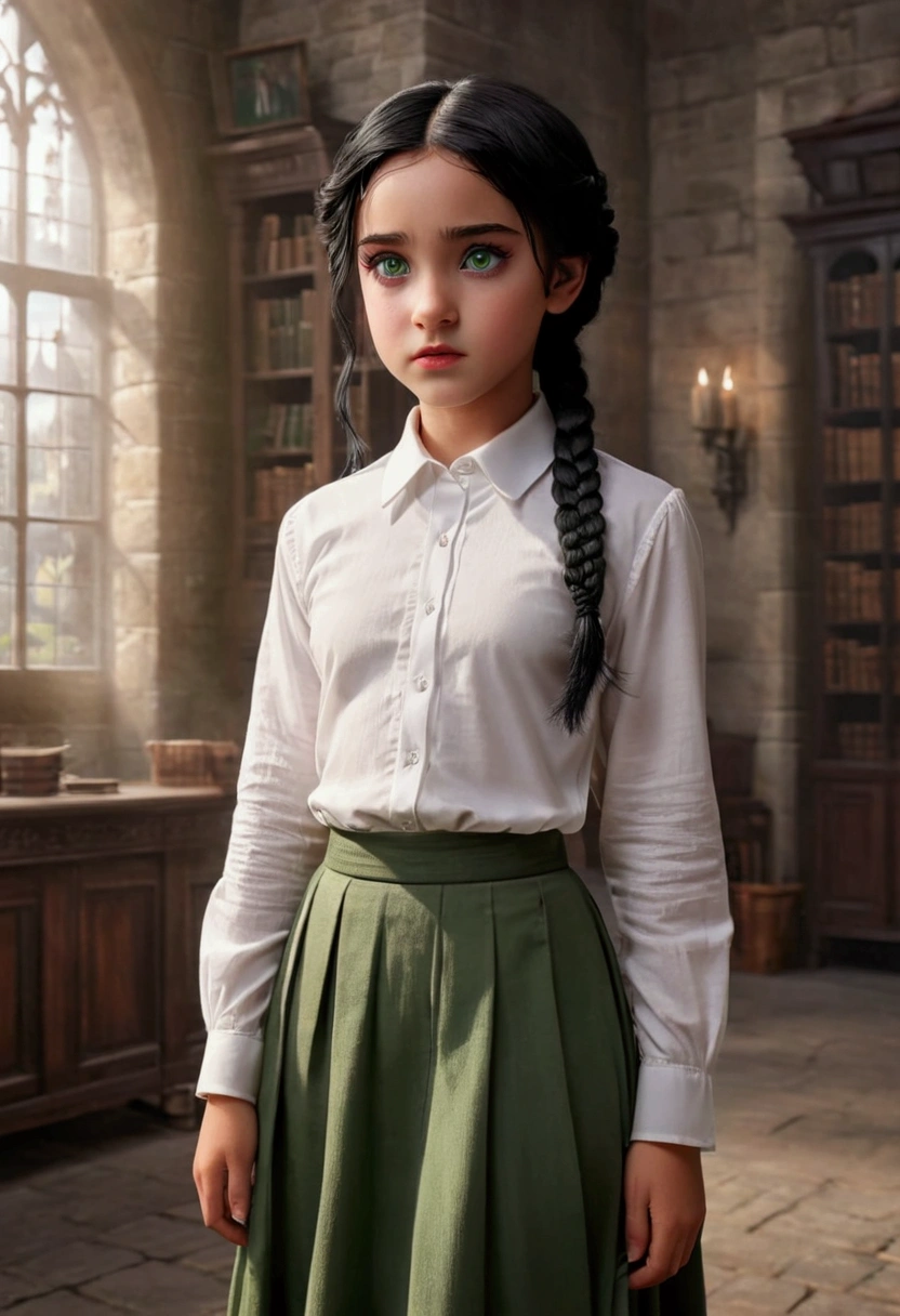 a cute girl  , daughter of severus snape , black hair braided , 11  year old , in a white collared shirt and long skirt, modest expression, short black hair, green eyes, castle hogwarts background, (best quality,4k,8k,highres,masterpiece:1.2),ultra-detailed,(realistic,photorealistic,photo-realistic:1.37),detailed eyes, detailed lips, extremely detailed face, long eyelashes, natural lighting, cinematic, warm color tones