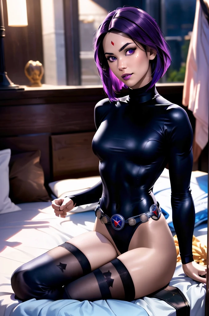 masterpiece, best quality, , raven \(dc\), raven from teen titans, 1girl, superhero, ((black leotard)), long sleeve leotard, turtleneck,
masterpiece, best quality, highest quality, cinematic lighting, (volumetric lighting), extremely detailed CG unity 8k wallpaper, focused, 8k wallpaper, 4k wallpaper, extremely detailed, ultra realistic, photorealistic, sharp focus, absurdres, (HDR:1.2), (high contrast), photograph, detailed and intricate, Instagram, vibrant, 4K HQ, sharp focus, (Ultra realistic [[photo]], detailed face:1.0), (detailed eyes:1.0), (realistic photo:1.1), (masterpiece:1.0), detailed background, (full body),  texture, textured hair, 
purple hair, short hair, large breasts, round ass,  resting, bed, pov, full body, bare legs, layed down
