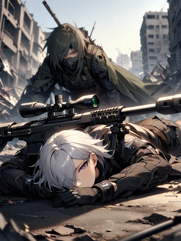 (masterpiece),(Highest quality),(High resolution),(Very detailed),One Man,Japanese,  Silver Hair ,whole body,break(((黒いsniper rifleで何かを狙う))),((Close one eye and look through the scope))(Lying down),((sniper rifle)),(The background is a destroyed city),(((Background Blur)))