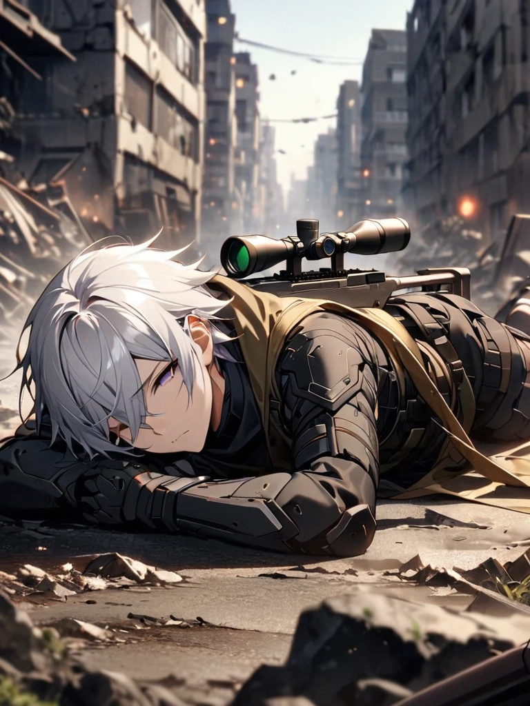 (masterpiece),(Highest quality),(High resolution),(Very detailed),One Man,Japanese,  Silver Hair ,whole body,break(((黒いsniper rifleで何かを狙う))),((Close one eye and look through the scope))(Lying down),((sniper rifle)),(The background is a destroyed city),(((Background Blur)))